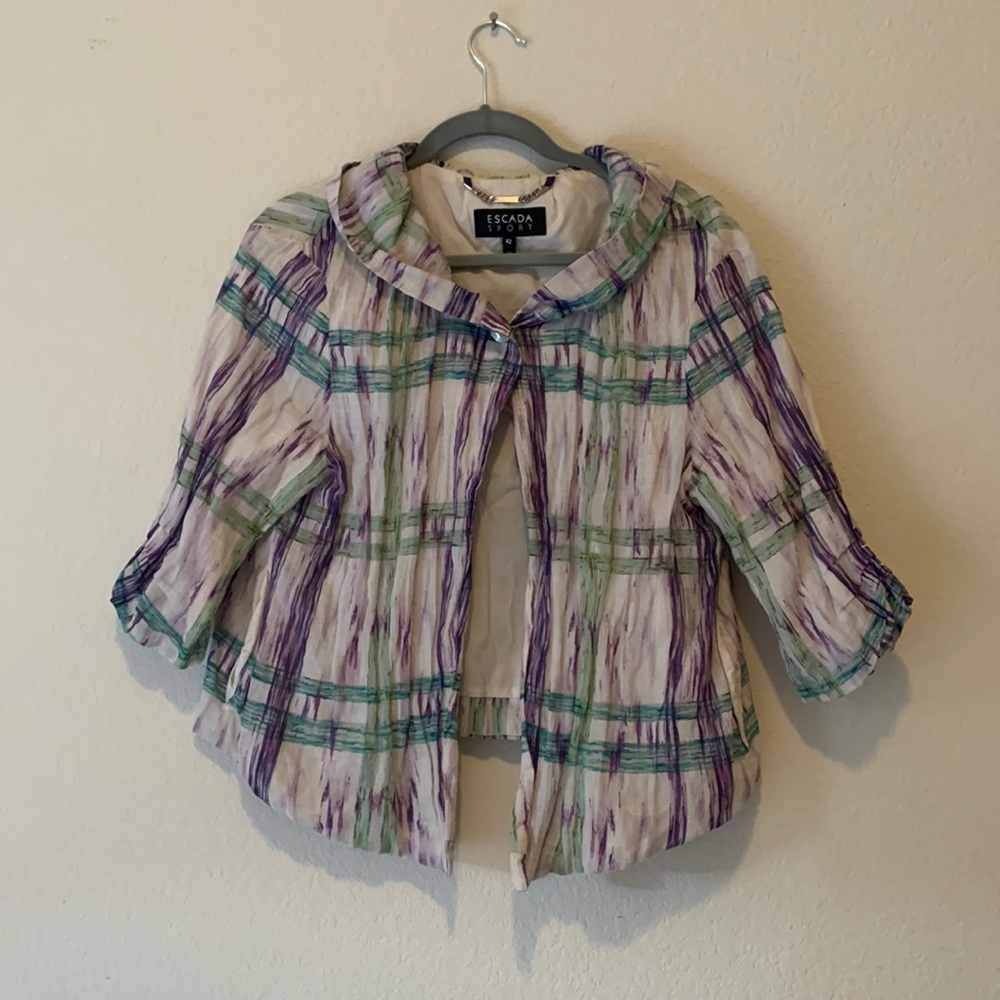 Escada Sport Water Color Green/purple Plaid 1 Button 3/4 Sleeve Jacket Sz 42